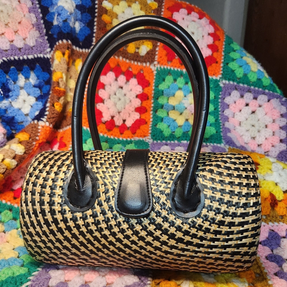 Round Black and Straw Purse